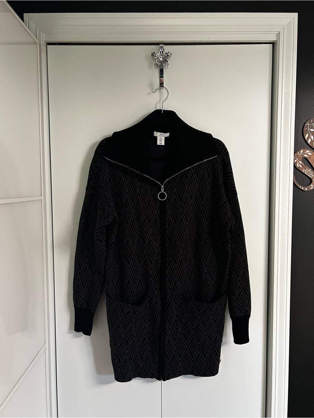 Halston Heritage Size XL Black Patterned Zip-Front Trench Cardigan